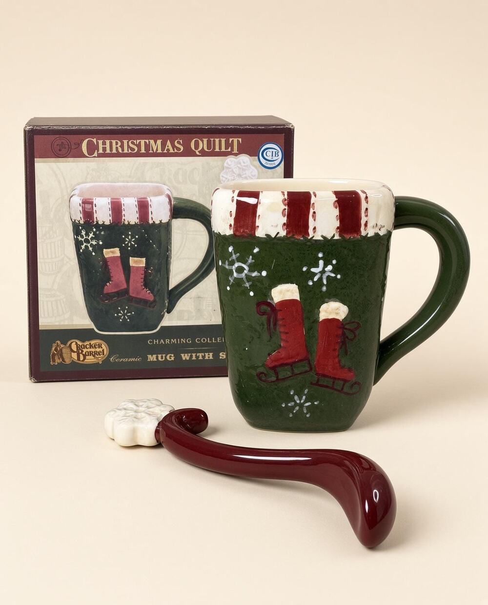 Cracker Barrel Christmas Mug Quilt Pattern Cup Boxed Spoon Set Farmhouse Cocoa
